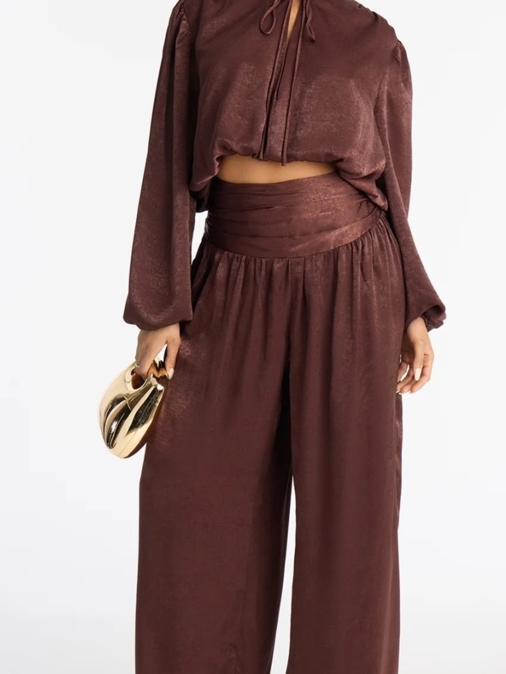 Wide-Leg Satin Pants Set in Deep Maroon